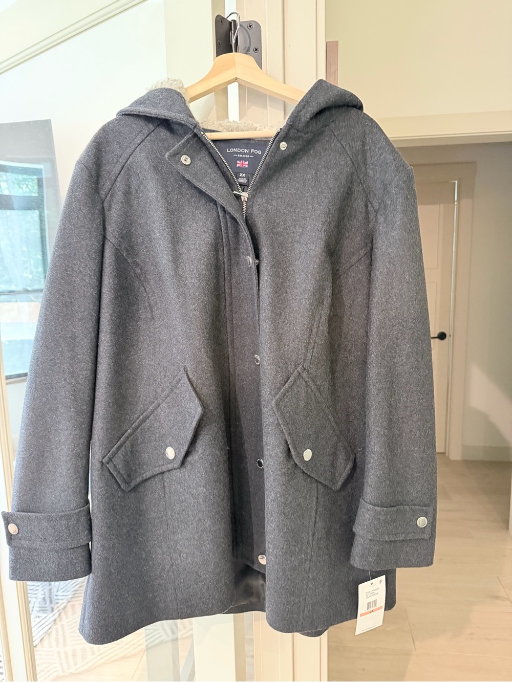 London Fog Charcoal Gray Pea Coat with Cream Faux Shearling Trim